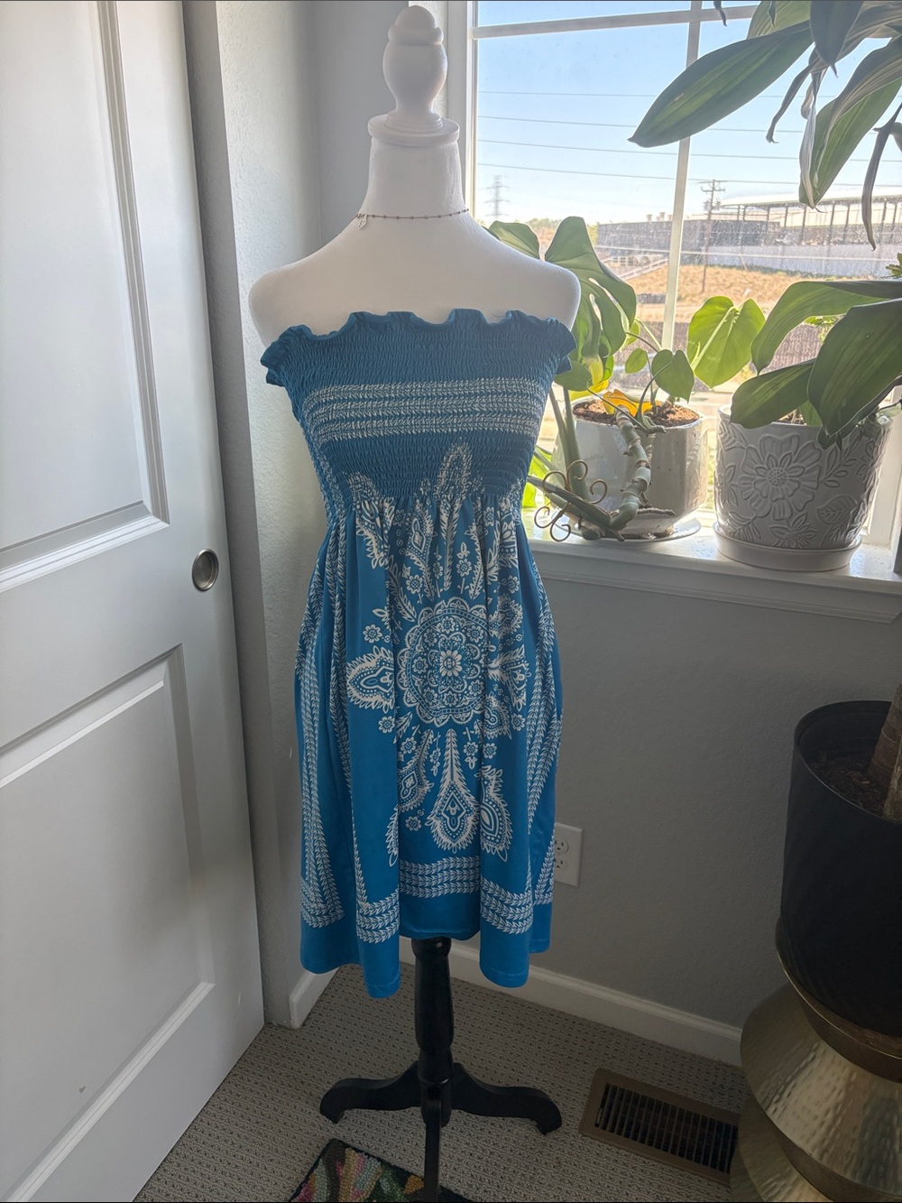 VENUS Teal-Blue Strapless Smocked Dress with White Paisley Medallion
